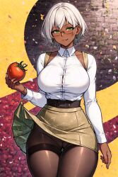 2:3 2:3_ratio absurd_res absurdres ai_generated black_choker blouse blush bursting_out_of_clothing busty buttons buttons_popping choker crossed_legs dark_skin dark_skinned_female glasses green_eyes gundam gundam_suisei_no_majo hd hi_res high_resolution highres hip_dips holding_food holding_fruit holding_object holding_vegetable hylian_r34 looking_at_viewer office_lady pantyhose secelia_dote self_upload short_hair silver_hair skindentation skirt skirt_lift slim_waist smirk smirking smirking_at_viewer smug smug_face smug_grin smug_smile tagme thick_thighs thigh_gap thighband_pantyhose thin_waist tomato unstable_diffusion upskirt waist_belt white_blouse white_hair wide_hips