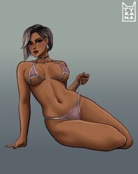 1girls 2023 2d_(artwork) antonia_(fortnite) belly_button big_breasts bikini black_hair blush bra breasts choker cleavage earrings female female_focus female_only fortnite grey_background large_breasts lingerie lipstick looking_at_viewer multicolored_hair panties partially_clothed pink_lingerie red_lipstick simple_background sitting smile solo_focus tagme tan_body thick_thighs thin_female thin_waist thong thong_bikini tyrana underboob watermark white_hair