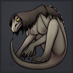 2018 angry anthro dark_hair female keadonger long_tail looking_at_viewer nudity scp-682 scp_foundation sharp_claws sharp_teeth yellow_eyes