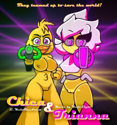 2girls 80's_theme chica_(chica_in_space) chica_(fnaf) crossover female_only five_nights_at_freddy's fnaf freddy_in_space_3 geometry_dash goes_hard gun hard_image laser_gun looking_at_viewer movie_poster multiple_girls retro_trianna_(yellolight) robot robot_girl text trianna_(yellolight) video_games yellolight