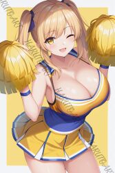 1girls ai_generated blonde_hair breasts cheerleader cheerleader_uniform hair_ribbon harutoart large_breasts looking_at_viewer original pom_pom_(cheerleading) twintails winking_at_viewer wrist_ribbon yellow_eyes yellow_pom_poms