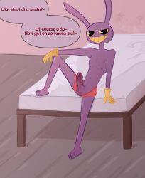 absurd_res adult_male anthro aroused balls bed bedroom bodily_fluids body_hair bulge catsnotart clenched_teeth clothed clothing confidence confident cum cum_drip cum_on_hand cum_on_penis cum_stain degradation dirty_talk dominant dominant_male dripping ears_up erection eye_contact feet first_person_view fur furniture genital_fluids genitals giving_orders glistening glistening_eyes gloved_hands gloves good_boy gooseworx hairy_balls half-closed_eyes hand_print handwear hi_res humanoid implied_oral insult insulting_viewer inviting jax_(the_amazing_digital_circus) lagomorph leaking_precum leaning leaning_back leaning_on_hand leporid looking_at_another looking_at_viewer looking_back looking_back_at_viewer looking_pleasured male male_only mammal mean narrowed_eyes navel needy nipples obedient obey partially_clothed pawpads paws pecs peeking_penis penis pent_up pink_wall precum precum_drip precum_on_own_penis precum_on_penis precum_on_self precum_string pulled_pants purple_body purple_fur rabbit raised_leg round_head shaded sitting skinny smile smiling_at_viewer smirk smirking_at_viewer solo speech_bubble spread_legs spreading suggestive suggestive_pose tall teeth text the_amazing_digital_circus underwear underwear_down underwear_only vein veiny_balls veiny_penis warm_colors warm_lighting