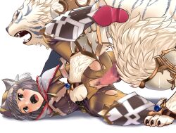 1boy animal_ears armored_boots bestiality blush boots cat_ears cat_girl censored clothed_sex dromarch_(xenoblade) fangs feccso female grey_hair highres interspecies jumpsuit lying mosaic_censoring nia_(xenoblade) on_side open_mouth penis rape sex shoe_soles short_hair simple_background tiger torn_clothes torn_jumpsuit white_background xenoblade_chronicles_(series) xenoblade_chronicles_2 yellow_eyes yellow_jumpsuit zoophilia