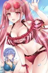 2023 2girls alternate_costume bare_shoulders bikini blue_hair blue_swimsuit blush cleavage closed_eyes eyewear_on_head female female_only fire_emblem fire_emblem:_three_houses fire_emblem_heroes hilda_valentine_goneril hilda_valentine_goneril_(summer) kirishima_riona large_breasts light-skinned_female light_skin long_hair looking_at_viewer marianne_von_edmund marianne_von_edmund_(summer) navel nintendo official_alternate_costume open_mouth pink_bikini pink_eyes pink_hair pink_swimsuit smile solo_focus sunglasses sunglasses_on_head swimsuit twintails water waving