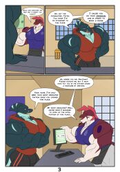 abs animated anthro big_pecs blue_body bottomwear clothing comic duo fish hi_res male male_only marine muscular muscular_anthro muscular_male pecs proxol_(artist) shark shirt shorts tank_top text topwear