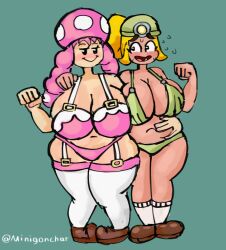 2girls alternate_breast_size anthro belly belly_button big_breasts black_eyes blonde_hair bra busty chubby female female_only goombella huge_breasts legwear light_skin mario_(series) minigonchar multiple_girls mushroom mushroom_humanoid nintendo open_mouth paper_mario pink_bra pink_hair pink_panties shortstack simple_background standing thick thick_ass thick_thighs toadette touching_belly underwear wide_hips yuri