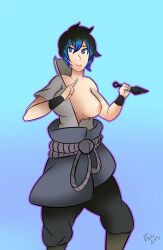 1girls asian bare_shoulders black_hair blue_eyes blue_hair breasts cosplay el_diario_de_jonathan female holding_object japanese kunai naruto partially_clothed petina petoart sasuke_uchiha_(cosplay) selene_(eddj) short_hair solo solo_female two_tone_hair weapon