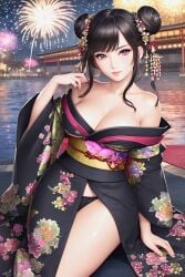 1girls ai_generated black_hair black_kimono black_panties breasts double_bun fireworks floral_print hair_ornament hair_ornaments hairbuns harutoart kimono large_breasts looking_at_viewer night original outside panties pink_eyes reflection sash water