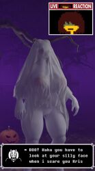 absurd_res anthro cemetery clothing costume deerbone_(artist) deltarune dialogue_box eyewear female food fruit ghost ghost_costume glasses halloween hi_res holidays human humanoid kris_(deltarune) live_reaction_(meme) mammal meme nude plant prank pumpkin smile solo spirit toriel toriel_(dogzeela) tree undertale_(series)