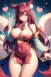 1girls 3fff ahri ai_generated blue_background brown_hair fox fox_ears heart large_breasts league_of_legends long_hair long_sleeves red_eyes red_hair solo solo_female tight_clothing tight_fit vastaya