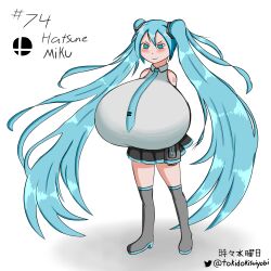 1girls 2d bangs bare_shoulders big_breasts black_skirt black_sleeves blue_eyes blue_hair blue_necktie blush blush_lines breasts_bigger_than_head clothed color detached_sleeves female female_only full_body fully_clothed grey_shirt hatsune_miku huge_breasts light-skinned_female light_skin long_hair necktie number_tattoo pleated_skirt shirt simple_background skirt sleeves super_smash_bros. tattoo text tokidokisuiyobi twintails twitter_username very_long_hair vocaloid watermark white_background zettai_ryouiki