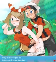 1boy backpack bag bandana battle bike_shorts blue_eyes blush brendan_(pokemon) brendan_(pokemon_oras) brown_hair cowgirl_position critical_hit cum cum_on_body cumshot defeated defeated_male doggy_style dominant_female english_text female flaccid flaccid_after_cumming flaccid_penis flaccid_penis_after_sex gameplay_mechanics hat health_bar highres kim_da-yoon long_hair male male/female male_penetrating_female may_(pokemon) may_(pokemon_oras) nintendo pants_down penis philipposter pokemon pokemon_(game) pokemon_battle pokemon_oras premature_ejaculation resisting resisting_orgasm ribbon sex_battle shorts smile sweat tackle_(pokémon_move) tail_whip tight_pussy translated tree wince