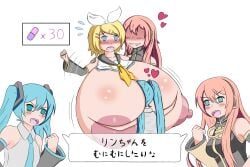 3girls big_breasts blonde_hair blue_eyes blue_hair enormous_breasts gigantic_breasts hatsune_miku huge_breasts hyper hyper_breasts kagamine_rin long_hair megurine_luka pink_hair sequence short_hair tokidokisuiyobi twintails vocaloid