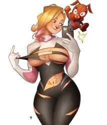 1girls asymmetrical_hair blonde blonde_female blonde_hair bodysuit gwen_stacy hourglass_figure human large_breasts light-skinned_female light_skin marvel marvel_comics peter_porker posing selfie showing_off showing_off_breasts smartphone smile spider-gwen spider-ham spider-man:_across_the_spider-verse spider-man_(series) standing superhero_costume superheroine tomphelippe torn_clothes