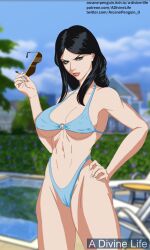 2d 2d_(artwork) angry_expression bikini black_hair blurry_background brown_eyes daytime hand_on_hip handdrawn holding_object looking_at_viewer loose_hair nipple_bulge nipples_visible_through_clothing outside pale-skinned_female pale_skin pool poolside solo solo_female tsundere underboob