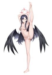 absurdres alenx_kevin asymmetrical_bangs barefoot black_hair black_wings blue_archive blue_eyes blush breasts commentary_request completely_nude cropped_shirt female flexible full_body hair_ornament hairclip hand_on_own_foot highres ichika_(blue_archive) justice_task_force_(blue_archive) leg_lift long_hair looking_at_viewer low_wings medium_breasts navel nipples nude parted_lips pussy smile solo split standing standing_on_one_leg standing_split trinity_general_school_student uncensored underboob variant_set vertical_splits wings