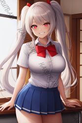 1girls ai_generated blue_skirt breasts button_down_shirt desk hair_ribbon harutoart large_breasts leaning_on_desk looking_at_viewer miniskirt original red_eyes sailor_collar school_desk school_uniform shirt skirt twintails white_hair white_shirt window