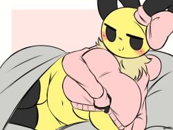 animated annabee_(woebeeme) anthro bed bee bee_girl big_breasts blush boob_drop bouncing_breasts breasts chubby chubby_female clothed clothing gif huge_breasts humanoid looking_at_viewer mob_face navel nipples peace_sign shirt shirt_lift smile sweater sweater_lift thigh_highs thighhighs underboob v v_sign woebeeme