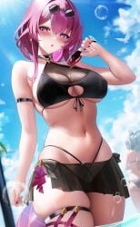 2girls big_breasts bikini blush choker eyewear_on_head fantongjun female female_only glasses glasses_on_head honkai:_star_rail kafka_(honkai:_star_rail) large_breasts looking_at_viewer nail_polish navel outdoors outside purple_eyes purple_hair silver_wolf_(honkai:_star_rail) sky swimsuit thick thick_thighs thigh_strap voluptuous