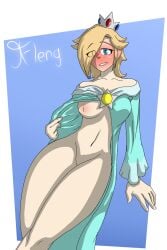 1girls blonde_female blonde_hair blue_background blue_eyes blush breasts clothing dress_lift female female_only flashing flashing_breasts gown gown_lift jfleng looking_at_viewer mario_(series) nintendo nipples only_female princess_rosalina simple_background solo super_mario_galaxy thick thick_hips thick_legs thick_thighs thighs white_border