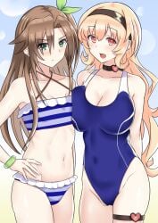 2girls big_breasts blush brown_hair cleavage compa flat_chest front_view green_eyes hairband hand_on_hip if_(neptunia) light-skinned_female long_hair looking_at_viewer neptunia_(series) open_mouth orange_eyes orange_hair swimsuit thigh_strap zatsu