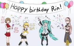 4girls balloons big_breasts birthday blonde_hair blue_eyes blue_hair brown_eyes brown_hair confetti dialogue happy_birthday hatsune_miku kagamine_rin long_hair megurine_luka meiko pink_hair sequence short_hair tagme text tokidokisuiyobi twintails vocaloid