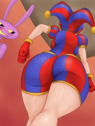1boy 1girls 2023 2d 2d_(artwork) 2d_artwork anthro artist_request ass ass_focus big_ass big_breasts big_thighs breasts brown_hair bunny_ears female glitch_productions gloves gooseworx huge_ass jax_(the_amazing_digital_circus) jester jester_costume jester_hat jester_outfit looking_at_ass male pomni pomni_(the_amazing_digital_circus) purple_body short_hair smiling tagme the_amazing_digital_circus thick_thighs yellow_eyes yellow_mouth