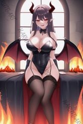 1girls ai_generated black_leotard breasts cape demon demon_girl demon_horns demon_tail demon_wings detached_collar detached_sleeves fire garter_straps harutoart highleg highleg_leotard horns large_breasts leotard long_hair looking_at_viewer original purple_hair red_eyes sitting succubus tail thighhighs torch window wings