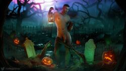 1boy 2023 3d balls bara bara_tits barazoku big_balls big_penis chrisre2021 clothing completely_nude david_king dbd dead_by_daylight gay half-erect halloween hi_res highres holidays jack-o'-lantern jack_o'_lantern male male_focus male_nipples male_only manly muscular_male nipples nude penis pumpkin solo solo_male taking_clothes_off yaoi