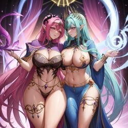 2girls ai_clothes ai_generated ai_hands big_ass blue_clothes blue_clothing bubble_butt chaos_(warhammer) eldar elf_ears female female_only large_ass light-skinned_female light_skin pink_clothes pink_clothing slaanesh slaaneshi_cultist thick_thighs tzeentch unstable_diffusion warhammer_(franchise) warhammer_40k warhammer_fantasy wide_hips yuri