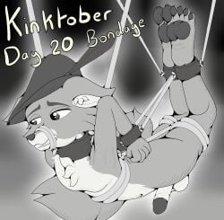 anthro barefoot black_and_white bondage bound canid canine disney erection feet fox foxkai genitals hi_res inktober inktober_2023 kinktober kinktober_2023 male mammal monochrome page_20 pawpads penis restrained restraints robin_hood robin_hood_(disney) solo suspension