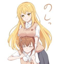 +_+ 2020s 2022 2girls anger_vein biribiri blonde_hair blouse blush breast_envy breasts brown_hair brown_vest closed_eyes closed_mouth elbow_gloves electricity electrokinesis female gloves grey_skirt hair_ornament hairpin hi_res hug hug_from_behind large_breasts long_hair matching_hair/eyes misaka_mikoto multiple_girls school_uniform schoolgirl shirt shokuhou_misaki short_hair short_sleeves skirt smile smug sweater_vest swkanon0419 symbol-shaped_pupils teenage_girl teenager to_aru_kagaku_no_railgun to_aru_majutsu_no_index tokiwadai_school_uniform unusual_pupils vest white_background white_gloves white_shirt yellow_eyes young