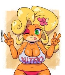 1girls 4_fingers alternate_body_type alternate_breast_size alternate_thigh_size anthro anthro_only bandicoot big_thighs blonde_female blonde_hair breasts cleavage clothed clothed_female clothing coco_bandicoot crash_(series) crash_bandicoot_(series) enormous_breasts enormous_thighs female female_anthro female_only flower flower_in_hair furry green_eyes green_pupils hi_res huge_thighs joaoppereiraus large_thighs long_hair looking_at_viewer one_eye_closed orange_body orange_skin panties partially_clothed partially_nude pink_panties playstation solo solo_female standing tank_top thick thick_female thick_thighs thighs thong tongue tongue_out v very_long_hair white_tank_top wink yellow_hair