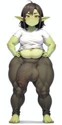 1futa ai_generated barefoot belly belly_button bulge chubby futanari goblin goblin_futanari goblinenthusiast green_skin looking_at_viewer self_upload shortstack solo solo_futa thick_thighs tight_pants