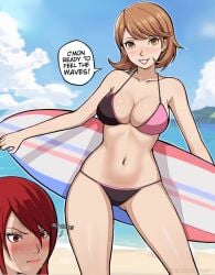 2girls atlus beach bikini breasts brown_eyes brown_hair dialogue english_text female hair_over_one_eye large_breasts lepypepy light-skinned_female long_hair mitsuru_kirijo outdoors persona persona_3 red_eyes red_hair short_brown_hair short_hair thighs yukari_takeba yuri