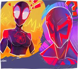 1:1 1:1_aspect_ratio 1boy 1boy1girl 1girls age_difference annoyed aroused artist_signature big_eyes breasts female flowerfang flustered genderswap_(mtf) male marvel miguel_o'hara miles_morales rule_63 soldart spider-man spider-man:_across_the_spider-verse spider-man:_into_the_spider-verse spider-man_(series) spider-man_2099