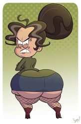1girls anger_vein angry angry_face big_ass big_bun big_butt brown_hair checkered_background clothed clothing dustindemon gradient_background green_background hair_bun hairbun huge_ass huge_butt looking_back massive_ass massive_butt mature_female morag_(the_loud_house) nickelodeon polka_dot_background the_loud_house thick_thighs underass white_background wide_hips