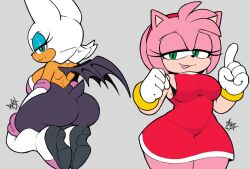 2023 2girls a1x1az amy_rose annoyed anthro ass bat big_ass big_breasts boots bra breasts clothed clothing dat_ass duo eulipotyphlan eyeshadow female female_only footwear fur gloves green_eyes hair handwear hedgehog high_heeled_boots high_heels high_res kneel looking_back makeup mammal pink_hair rouge_the_bat sega smug_expression sonic_(series) sonic_the_hedgehog_(series) tongue tongue_out underwear white_body white_fur wings