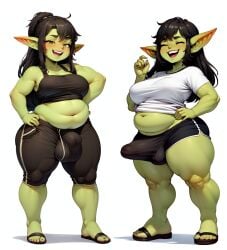 2futas ai_generated athletic_wear belly belly_button big_breasts black_hair breasts breasts_visible_through_clothing bulge chubby chubby_futanari erection_under_clothes futa_only futanari goblin goblin_futanari goblinenthusiast green_eyes green_skin laughing pointy_ears sandals self_upload shorts shortstack solo_futa sports_bra standing t-shirt thick_thighs tight_shorts white_background white_t-shirt