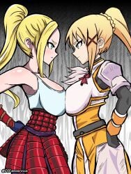 2girls beatrix_amerhauser big_breasts blonde_hair blue_eyes breast_press breast_squeeze breast_squish crossover darkness_(konosuba) female hand_on_hip hand_on_own_hip kono_subarashii_sekai_ni_shukufuku_wo! light_skin long_hair multiple_girls side_view sideboob standing symmetrical_docking zom_100_zombie_ni_naru_made_ni_shitai_100_no_koto