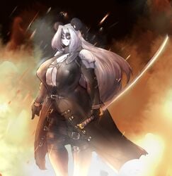 armor blade clothing dw_draw fighting_pose final_fantasy final_fantasy_vii furry large_breasts panda pandaren sephiroth_(cosplay) white_hair world_of_warcraft