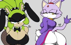 2023 2girls a1x1az afrosoricid anthro ass big_ass big_breasts black_body black_bow_tie black_clothing black_fur black_topwear blaze_the_cat blue_eyes bottomwear bow_tie breasts bunny_costume bunnysuit cleavage clothed clothing cosplay dat_ass dipstick_tail domestic_cat duo ear_piercing eyelashes fake_ears fake_rabbit_ears felid feline felis female female_only fishnet fishnet_legwear forehead_gem fur gloves green_body green_fur grey_background handwear high_res huge_breasts idw_publishing legwear looking_at_viewer looking_back mammal markings narrowed_eyes pants piercing purple_body purple_clothing purple_fur purple_topwear sega signature simple_background sonic_(series) sonic_the_hedgehog_(comics) sonic_the_hedgehog_(idw) sonic_the_hedgehog_(series) surge_the_tenrec tail tail_markings tan_body tan_fur tenrec thick_thighs topwear white_body white_bottomwear white_clothing white_fur white_gloves white_handwear white_pants wide_hips yellow_eyes