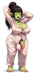 1futa ai_generated barefoot chubby cleavage flaccid flaccid_futa flaccid_penis futanari goblin goblin_futanari goblinenthusiast green_skin pajamas penis_out self_upload shortstack solo solo_futa thick_thighs yawning