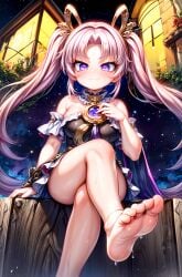 absurd_res ai_generated alternate_breast_size barefoot big_breasts bow-shaped_hair breasts crossed_legs detached_sleeves feet female female_focus female_only foopanthia foot_fetish foot_focus forehead_jewel fu_xuan_(honkai:_star_rail) hair_ornament hair_stick hi_res highres honkai:_star_rail honkai_(series) legs light-skinned_female long_hair low_twintails night pink_hair sitting sky smile smiling solo stars sweat sweaty_feet teasing thick_thighs thighs toes twintails