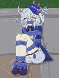 arms_tied_behind_back asphyxiation blue_eyes bondage bound_ankles bound_legs furina_(genshin_impact) genshin_impact kurotoi over_the_nose_gag sitting tape_bondage tape_gag tears tophat white_hair