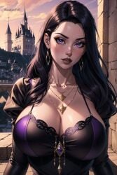 1girls ai_generated artist_name big_breasts big_lips black_hair breasts busty castle cleavage clothing detailed_background dress earrings eyelashes female female_human female_only human iknowkungfu42 jewelry large_breasts light-skinned_female light_skin lips long_hair looking_at_viewer necklace original original_character parted_lips purple_clothing purple_dress purple_eyes red_lips solo thick_lips