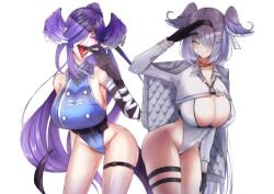 2girls absurdres asymmetrical_arms bandaged_arm bandages black_gloves blue_eyes blue_hair blush breasts cleavage_cutout clothing_cutout covered_navel dragon_girl dragon_tail elira_pendora elira_pendora_(4th_costume) female gloves hair_ornament hair_over_one_eye hairband hairclip head_wings highleg highleg_leotard highres large_breasts leotard light-skinned_female light_skin long_hair looking_at_viewer mamaprofennn multiple_girls nijisanji nijisanji_en official_alternate_costume ponytail purple_eyes purple_hair purple_wings salute selen_tatsuki selen_tatsuki_(2nd_costume) shiny_skin siblings simple_background smile standing tail tongue tongue_out virtual_youtuber white_background wings