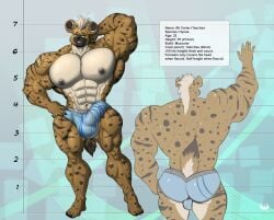 5_fingers abs absurd_res anthro areola ass biceps big_muscles biped brown_body brown_fur bulge claws clothed clothing countershade_fur countershade_torso countershading eldiman english_text eyebrows fingers fur green_eyes hi_res huge_muscles hyena hyper hyper_muscles male mammal model_sheet muscular muscular_anthro muscular_male navel nipples pecs quads smile solo tail text underwear underwear_only vein veiny_muscles