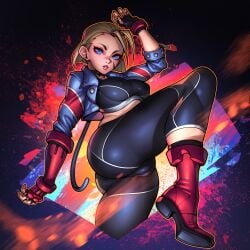 1girls ass big_ass big_butt blonde_hair blue_eyes cammy_white danaphus dat_ass fanart female female_only fully_clothed latex latex_legwear patreon patreon_reward solo street_fighter street_fighter_6 video_game_character video_games