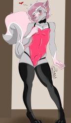 2023 absurd_res anthro artist_request blep bow_tie bulge chest_tuft clothed clothing crossdressing digitigrade discord_(app) ear_piercing ear_ring erection erection_under_clothing femboy full-length_portrait fur genital_outline girly grey_body grey_fur hair heart hi_res latex latex_clothing latex_legwear latex_stockings latex_thigh_highs leaning legwear leotard male mammal markings mephitid one_eye_closed patreon paws penis_outline piercing pink_body pink_eyes pink_fur pink_hair pink_markings portrait raised_tail ring_piercing skunk smile solo standing striped_skunk tail teenager text thigh_highs tongue tongue_out tuft url white_body white_fur white_hair white_markings wink young zer0rebel4